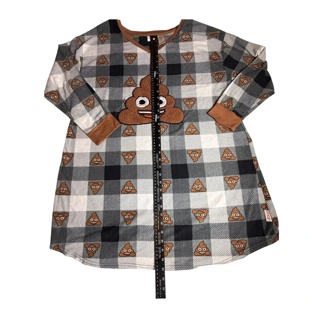 Emoji Brand Plaid Poop Embellished Sleep Shirt Nightgown Long Sleeve Women's-961